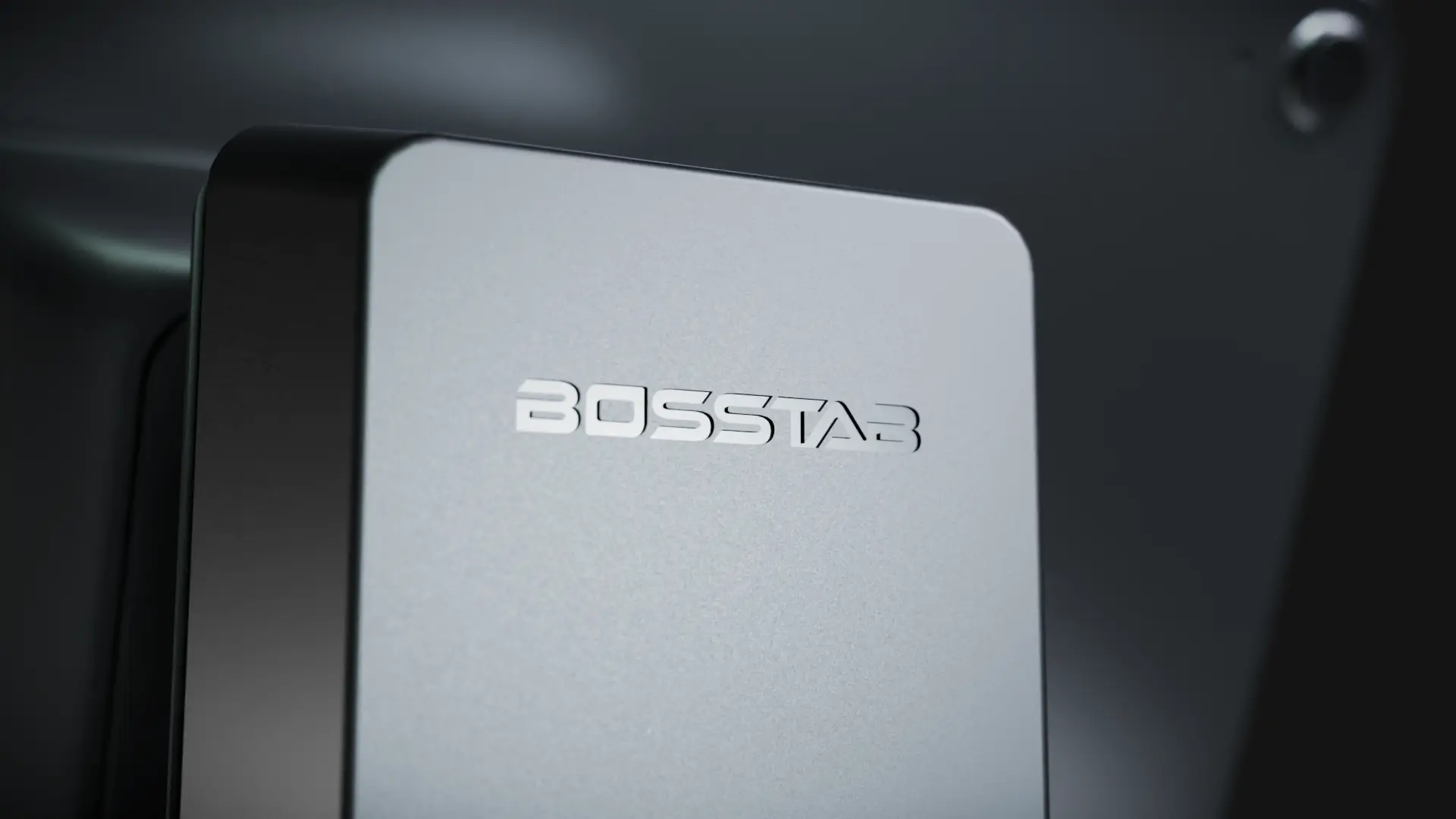 Close-up render showing Bosstab branding on the stand