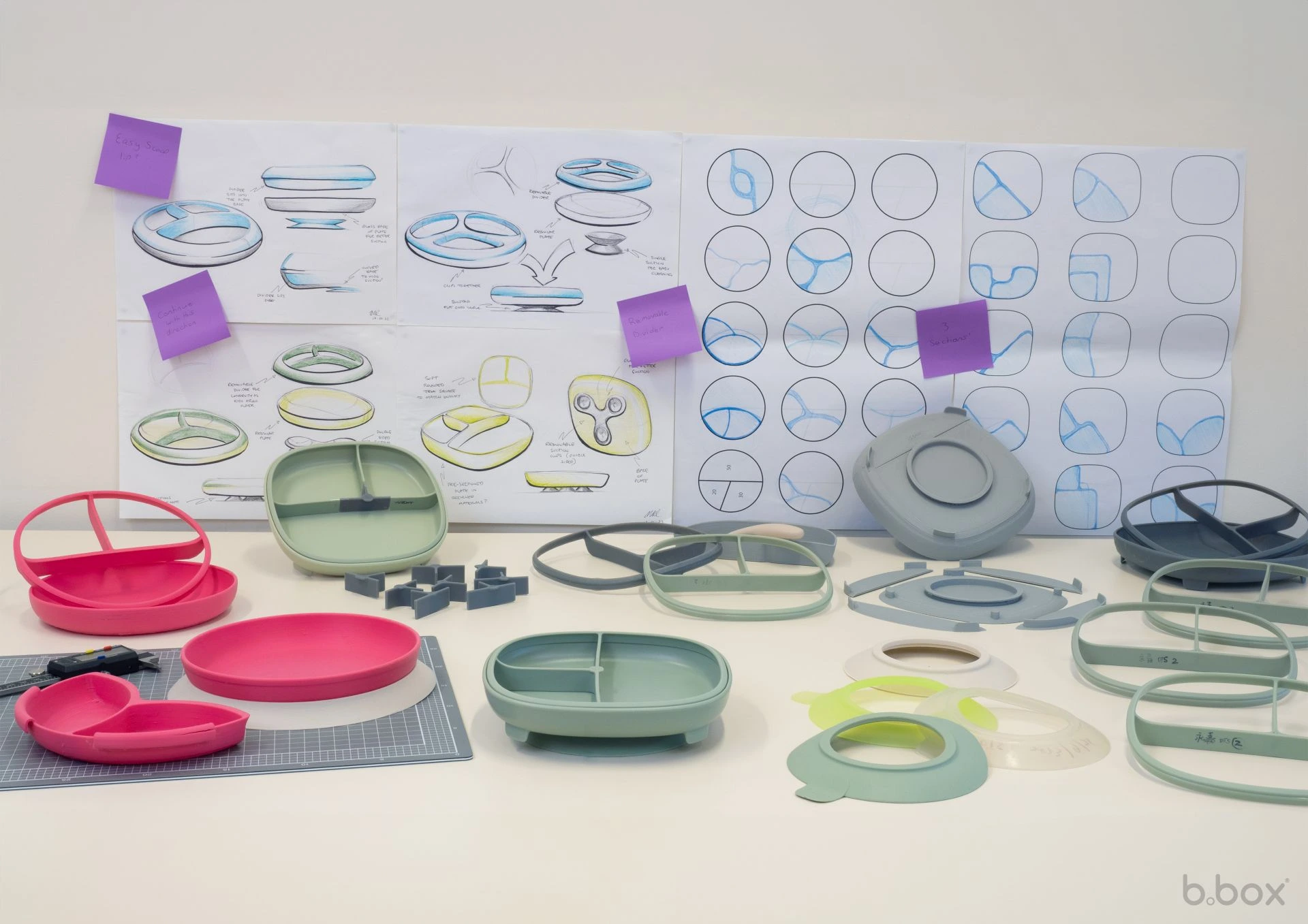 Testing divider layouts, proportions, suction ideas, and the overall product language.