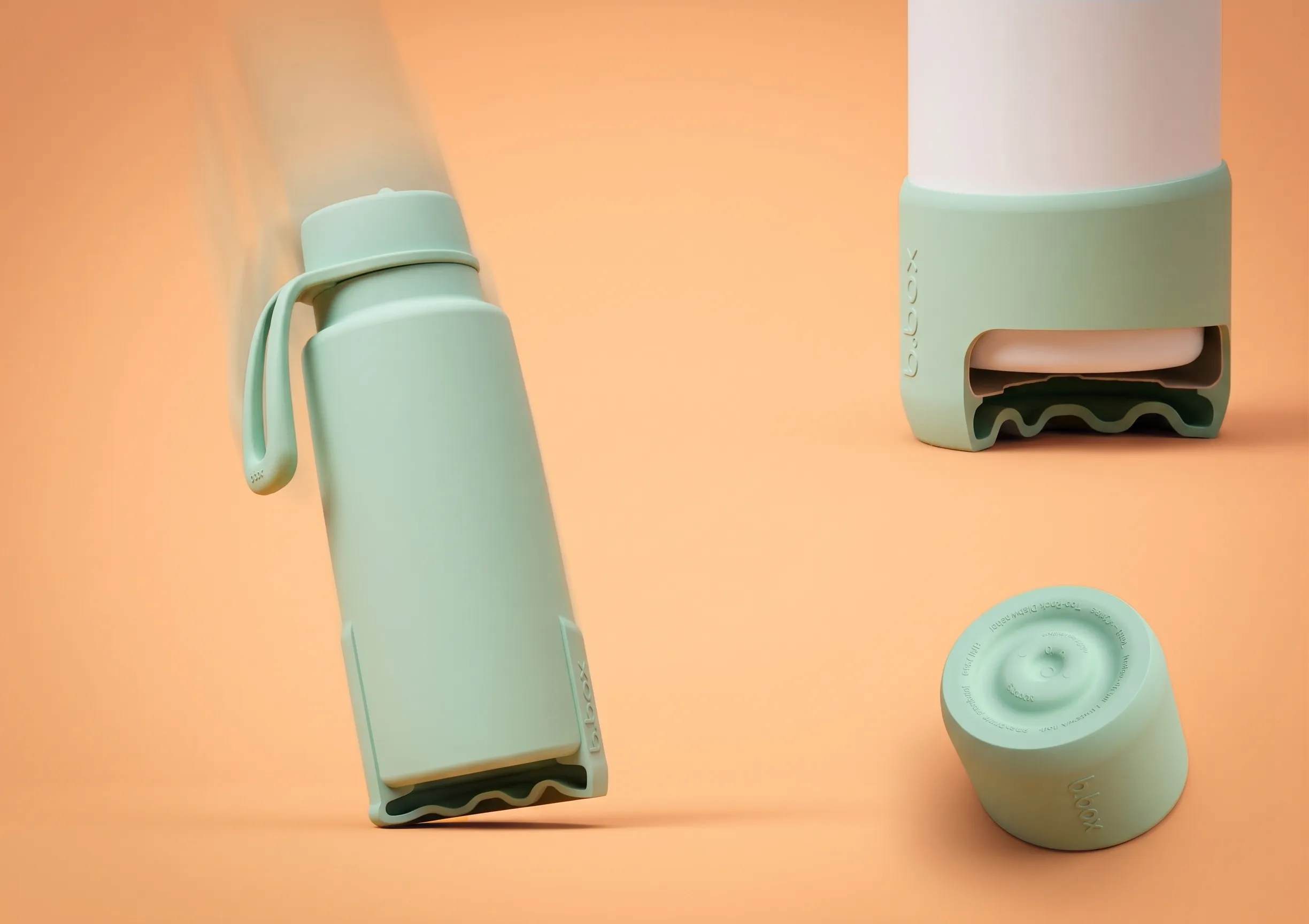 Flat lay render of the bumper sleeve on and off the bottle