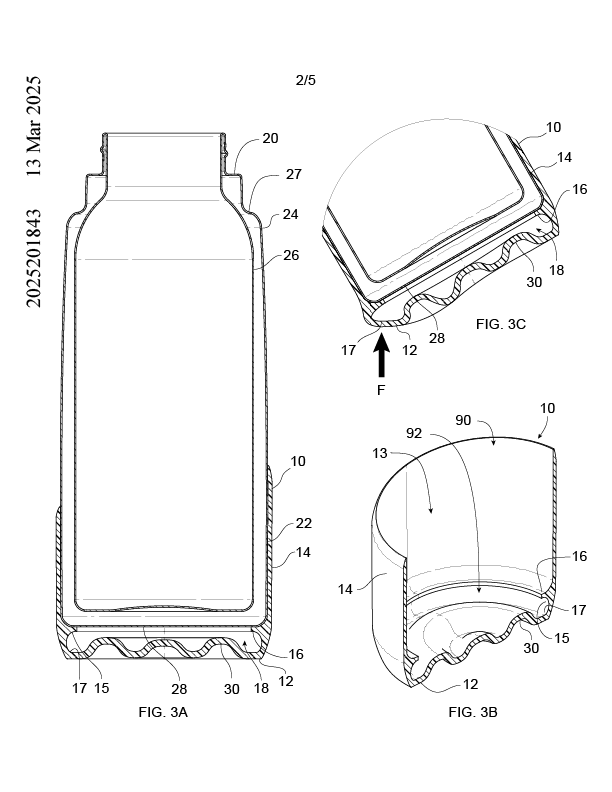 utility patent drawing showing the rippled geometry and air cushioning effect of the internal ledge support